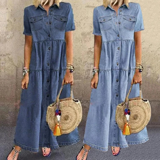 Vestidos femininos longo retrô  manga curta tido